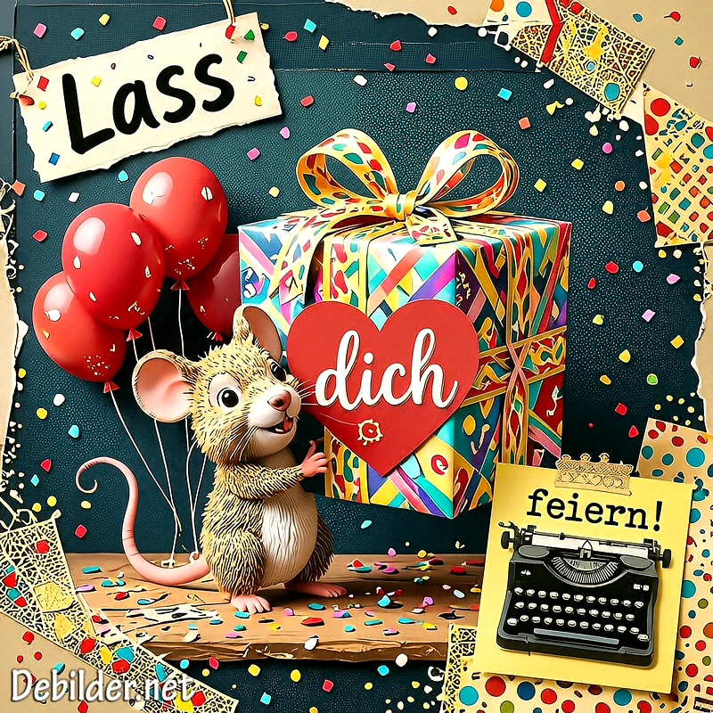 Eine bezaubernde Cartoon-Maus präsentiert ein buntes Geschenkpaket mit einem roten Herz und roten Luftballons. Zahlreiches Konfetti und festliche Papierschnipsel umrahmen die fröhliche Szene mit dem Spruch 'Lass dich feiern!'.