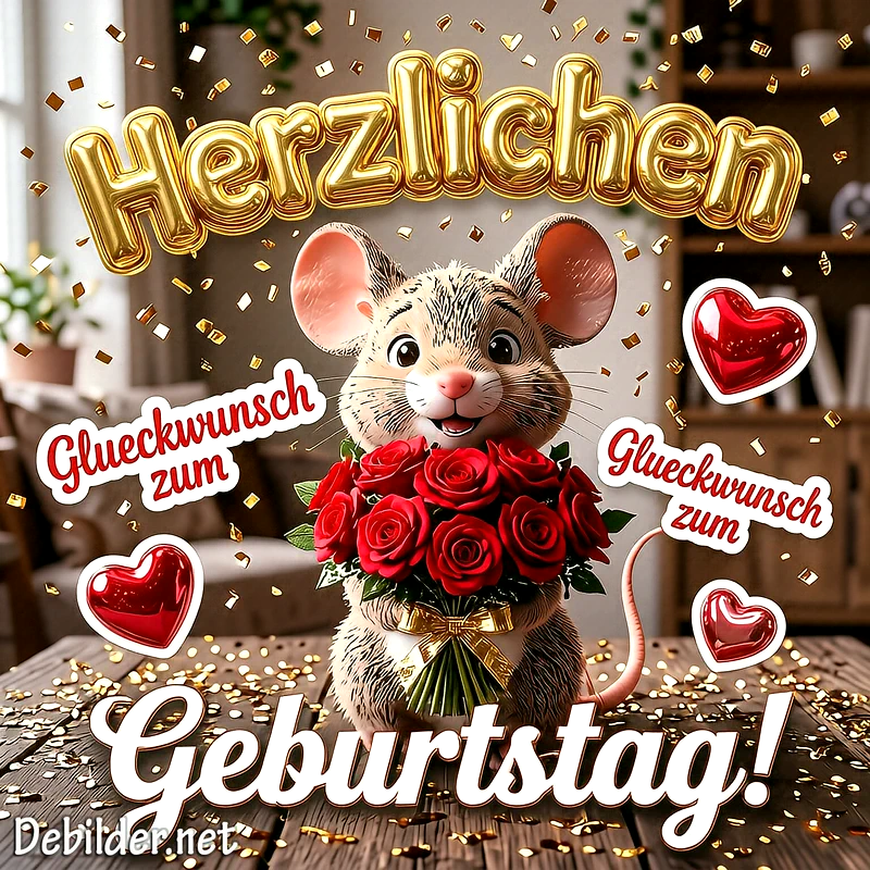 Ein entzückendes Maus-Cartoon hält einen Strauß roter Rosen, umgeben von glänzendem Goldkonfetti und roten Herzen. Der Text 'Herzlichen Glückwunsch zum Geburtstag!' strahlt festliche Freude aus.