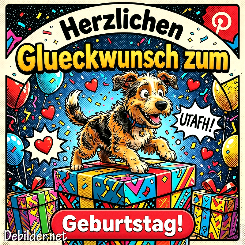 Herzliche Geburtstagsgrüße: Süßer Hund mit Geschenken voller Freude