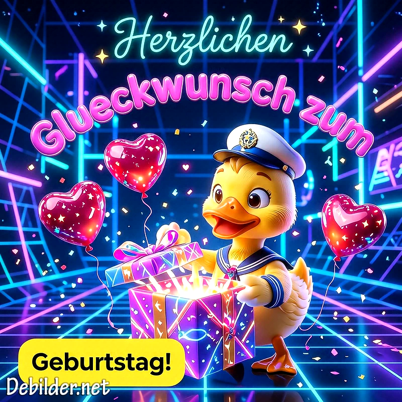 Ein niedliches Küken im Matrosenanzug öffnet ein magisch leuchtendes Geburtstagsgeschenk vor einem futuristischen Neon-Hintergrund. Rote Herzballons und Konfetti schweben festlich. Der Text lautet 'Herzlichen Glückwunsch zum Geburtstag!'