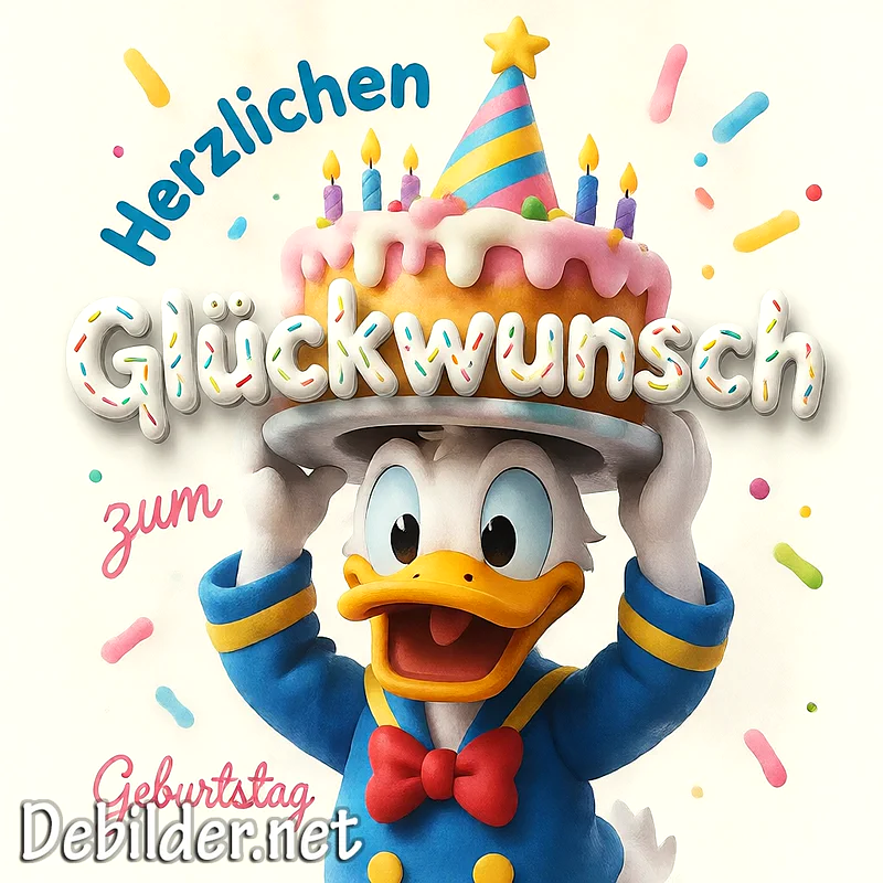 Lustiger Donald Duck mit einem bunten Partyhut hält eine zweistöckige Geburtstagstorte voller Kerzen und Streuseln in die Höhe. Festliche Konfetti-Streusel schweben fröhlich um ihn herum auf einem hellen Hintergrund.