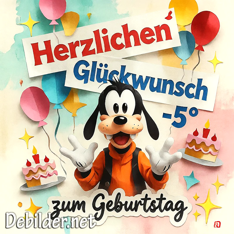 Fröhlicher Goofy feiert Geburtstag mit bunten Ballons und kleinen Geburtstagstorten. Eine herzliche Grußkarte mit festlicher Stimmung, perfekt für liebe Wünsche.