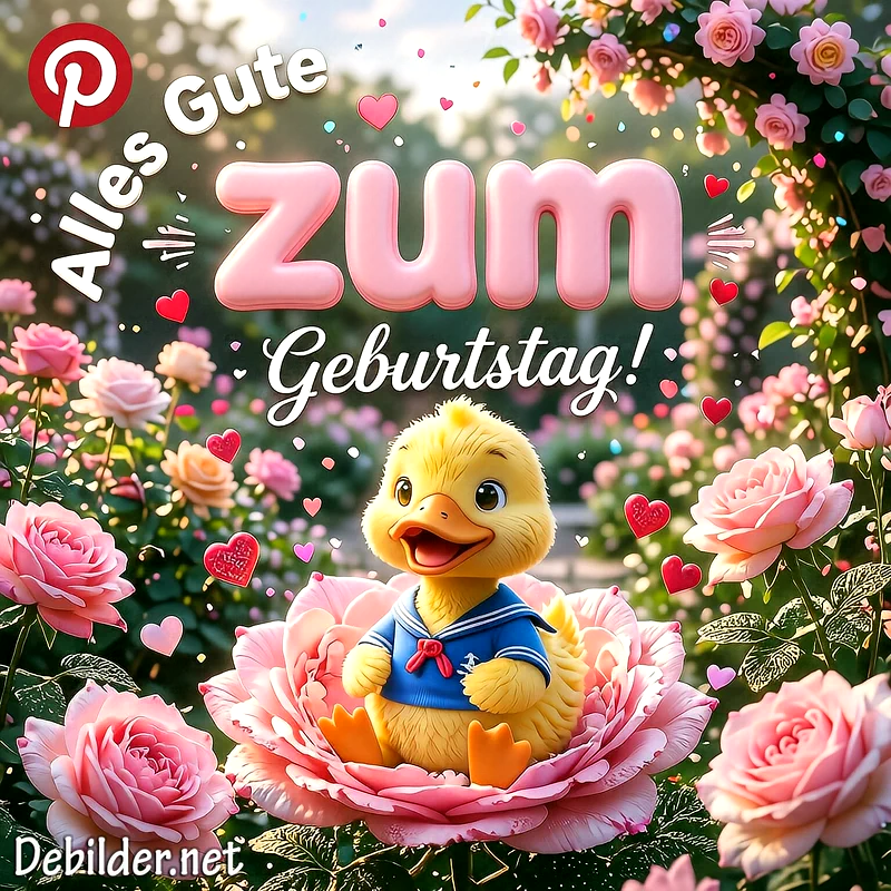 Ein entzückendes gelbes Entchen in Matrosenkleidung sitzt liebevoll in einer großen rosa Rose. Ringsherum blühen weitere Rosen und kleine Herzen schweben. Der herzliche Gruß "Alles Gute zum Geburtstag!" schwebt festlich darüber.