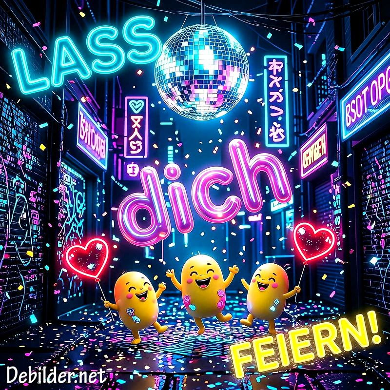Drei fröhliche, gelbe Party-Charaktere tanzen unter einer funkelnden Discokugel und Neonlichtern. Konfetti regnet, ein Herz-Luftballon schwebt, und der Spruch 'LASS DICH FEIERN!' leuchtet auf. Eine coole Geburtstagskarte.