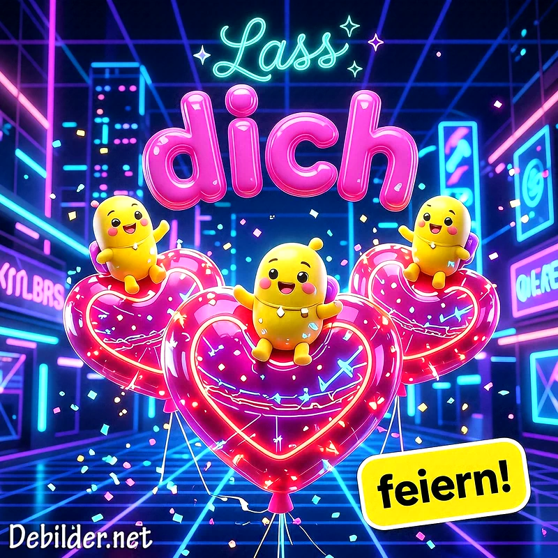 Lass dich feiern! Niedliche Monster auf Neonherzen zum Jubeln