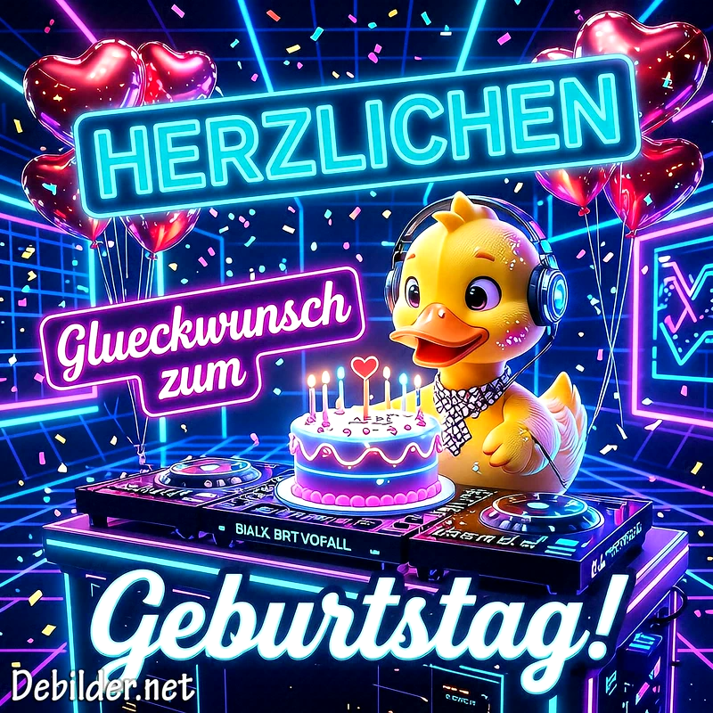 Süßer gelber Enten-DJ mit Kopfhörern und Schal präsentiert eine leuchtende Geburtstagstorte mit Kerzen. Neonlichter, Herzballons und Konfetti umrahmen die futuristische Szene voller Freude und Glückwünsche.