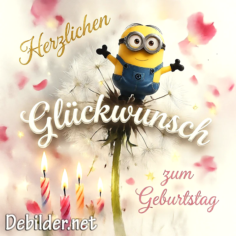 Ein niedlicher gelber Minion steht lächelnd auf einer fluffigen Pusteblume, umgeben von leuchtenden Geburtstagskerzen und zarten rosafarbenen Blütenblättern. Der Gruß 'Herzlichen Glückwunsch zum Geburtstag' erscheint festlich.