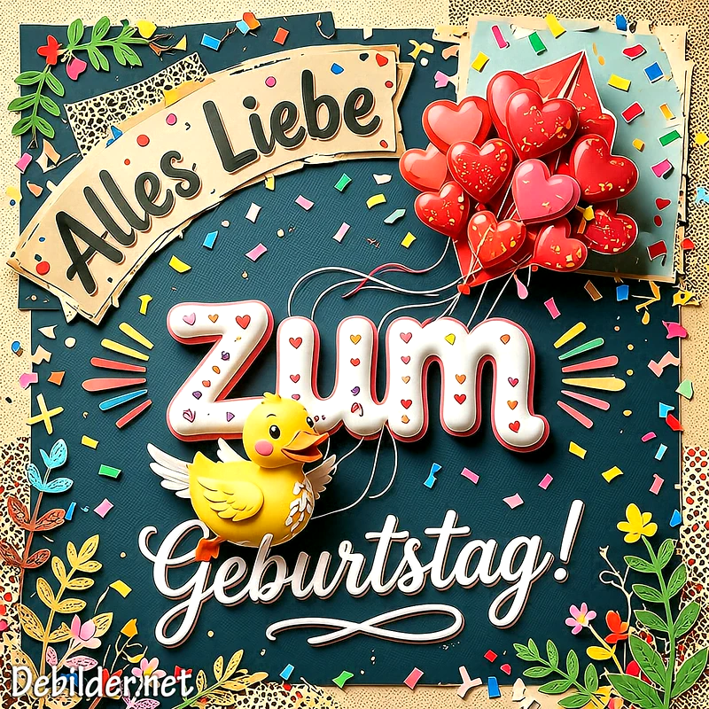 Liebste Geburtstagsgrüße mit süßer Ente und Herzballons zum Teilen