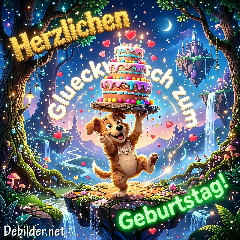 Ein entzückender Hund präsentiert eine riesige, bunte Geburtstagstorte in einer leuchtenden Märchenlandschaft. Die festliche Szene zeigt schwebende Inseln, glitzernde Wasserfälle und einen magischen Nachthimmel voller Sterne und Herzen.