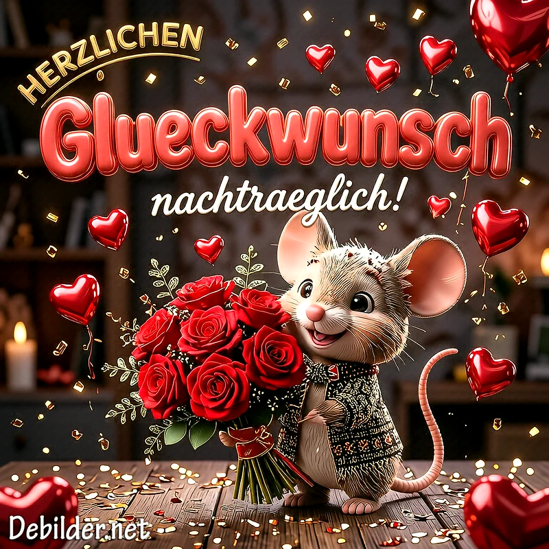Süße Maus mit Strickpullover hält roten Rosenstrauß. Herzballons und goldener Glitzer umrahmen die Szene. Ein liebevoller, nachträglicher Gruß übermittelt Freude und Wärme an den Empfänger.