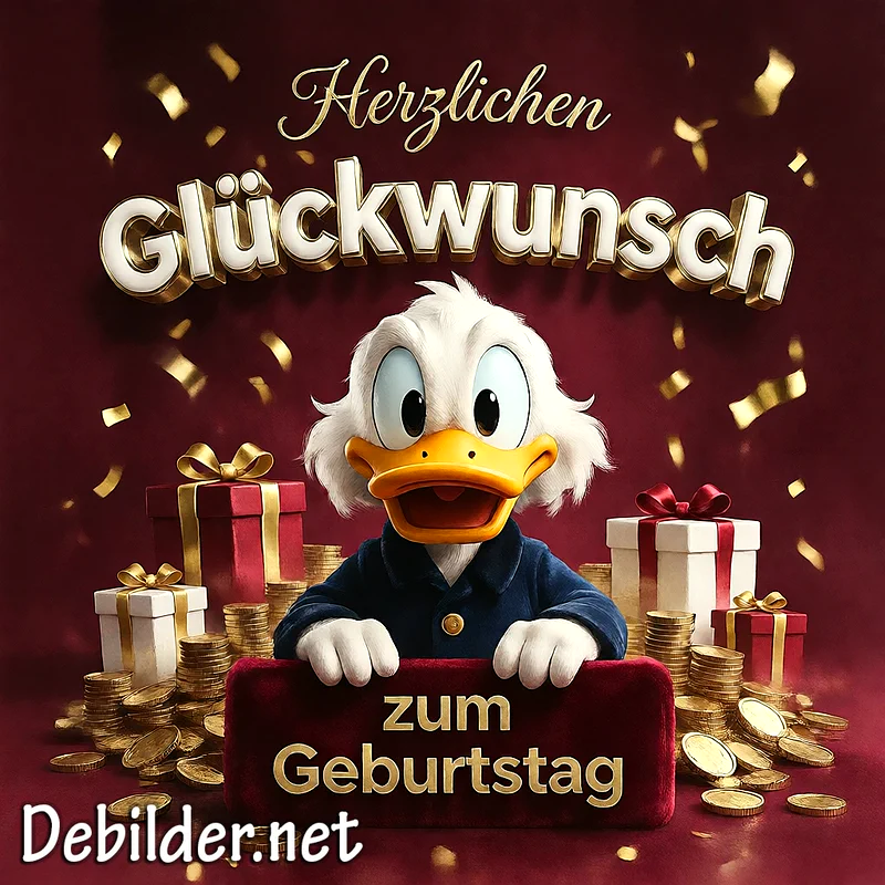 Niedliche Ente mit blauem Mantel und flauschigem Haar, umgeben von Goldmünzen und festlichen Geschenken. Sie präsentiert ein rotes Samtschild mit 'zum Geburtstag'. Dunkelroter Hintergrund mit goldenem Konfetti, darüber schwebt 'Herzlichen Glückwunsch'.