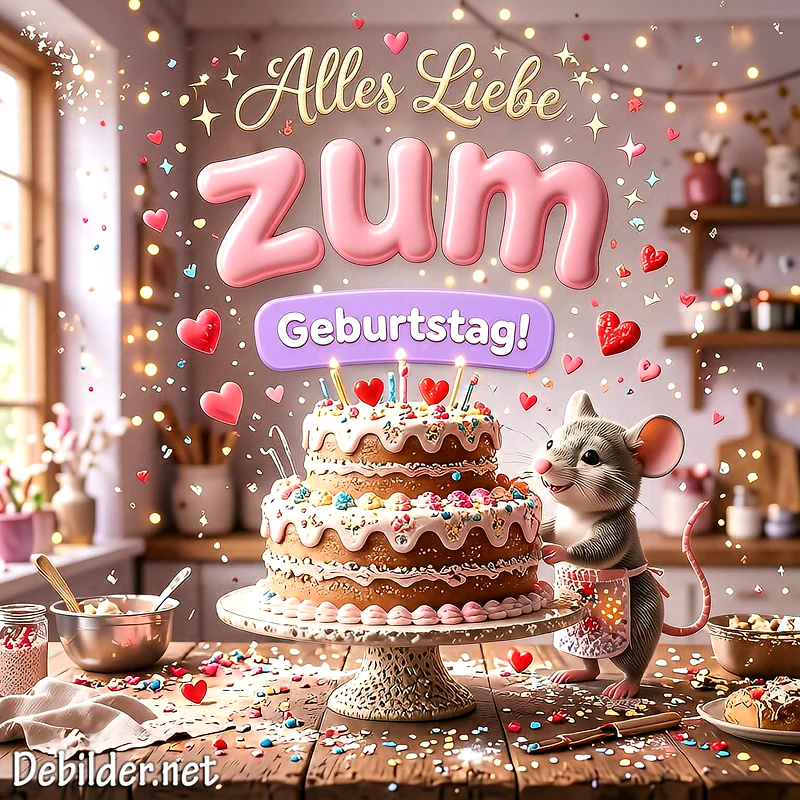 Ein entzückendes Mäuschen mit Schürze feiert fröhlich neben einer dreistöckigen Geburtstagstorte. Kerzen leuchten, bunte Streusel und Herzen fallen, schaffend eine festliche, zuckersüße Stimmung.