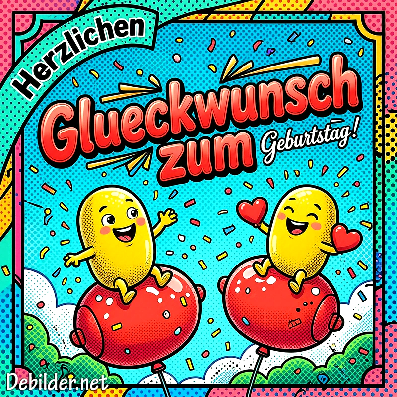 Fröhliches Comic-Bild mit zwei gelben Charakteren auf roten Ballons, die "Herzlichen Glückwunsch zum Geburtstag!" ausrufen. Buntes Konfetti fliegt umher und sorgt für eine ausgelassene, festliche Stimmung.