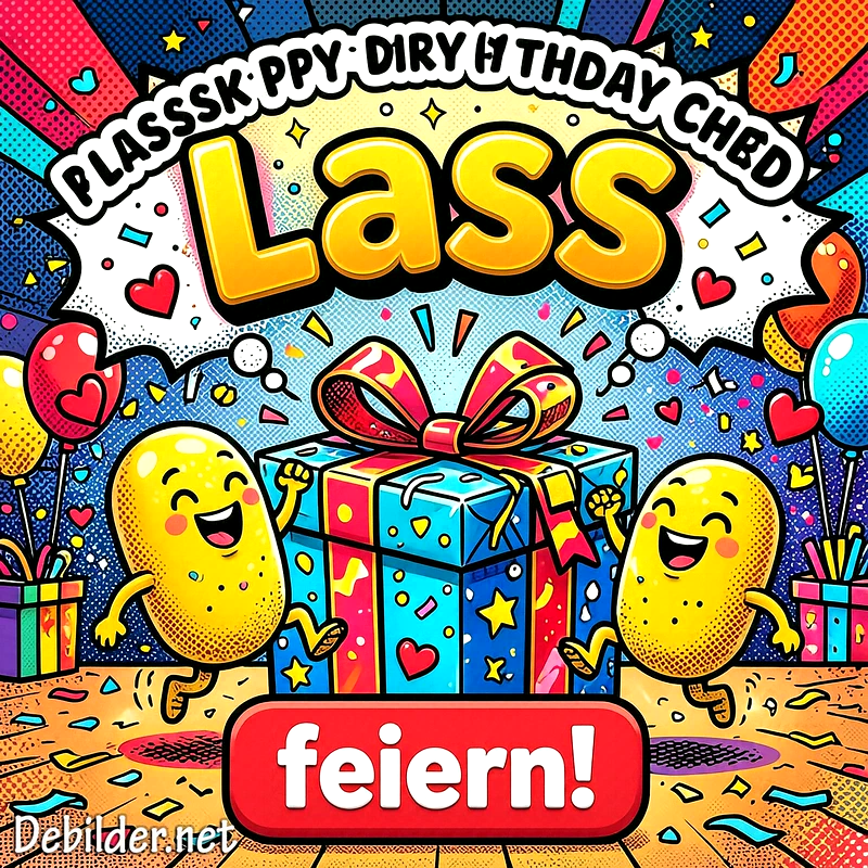 Lebhaftes Geburtstagsbild mit zwei fröhlichen Kartoffel-Charakteren, die um ein großes, bunt verpacktes Geschenk mit roter Schleife tanzen. Konfetti und Luftballons in einem festlichen Pop-Art-Stil. Feierliche Stimmung.