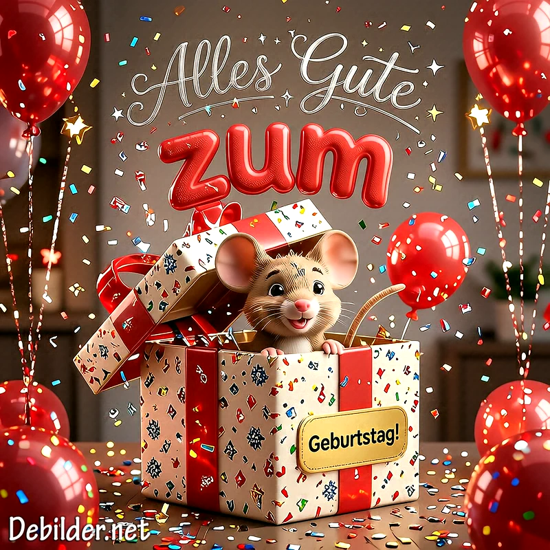 Ein entzückendes braunes Mäuschen schaut fröhlich aus einem festlich verzierten Geschenkkarton hervor. Umgeben von roten Luftballons und bunter Konfetti, zaubert dieses liebevolle Bild sofort eine warme Geburtstagsstimmung.