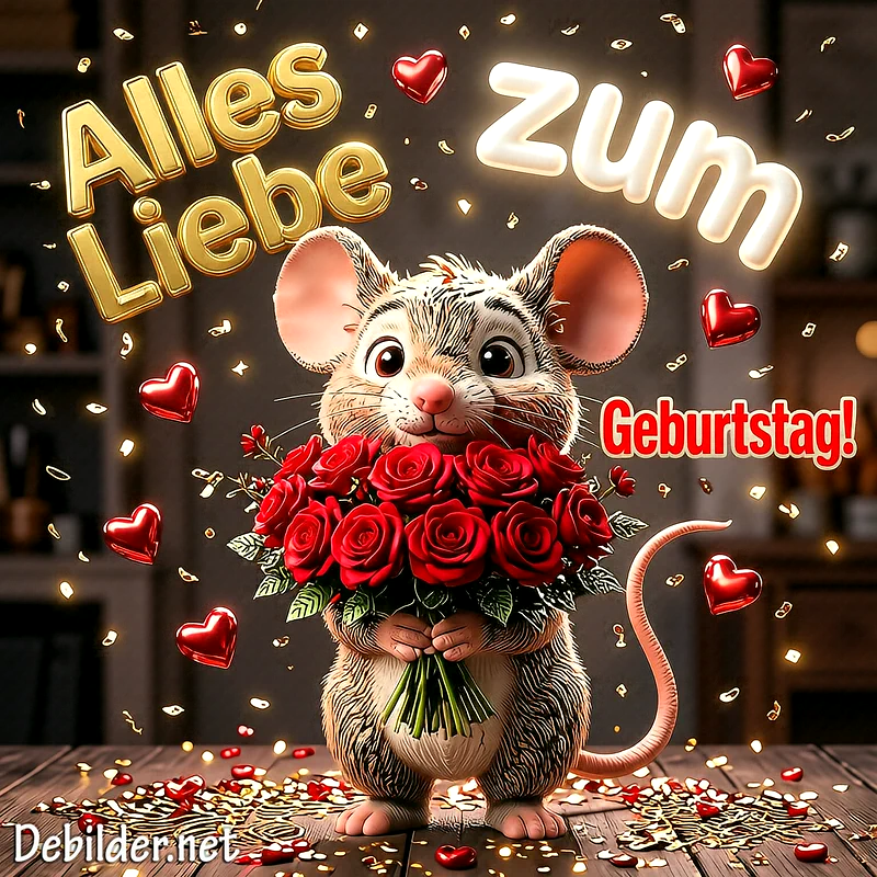 Süße Geburtstagsgrüße mit Maus und Rosen zum Verschicken