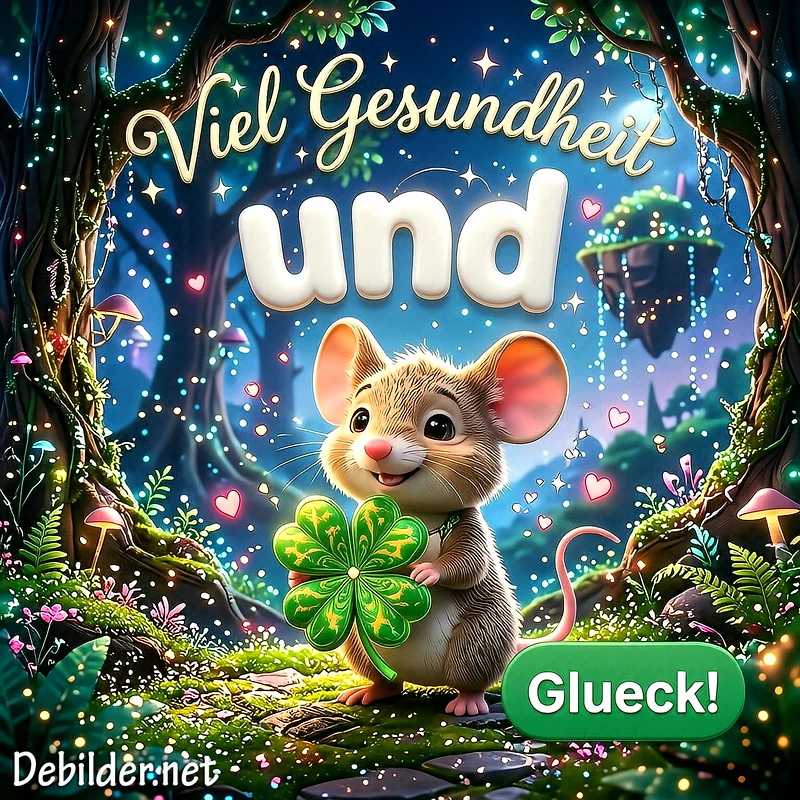 Süße Glückwünsche mit Mäuschen und Kleeblatt: Viel Gesundheit und Glueck!