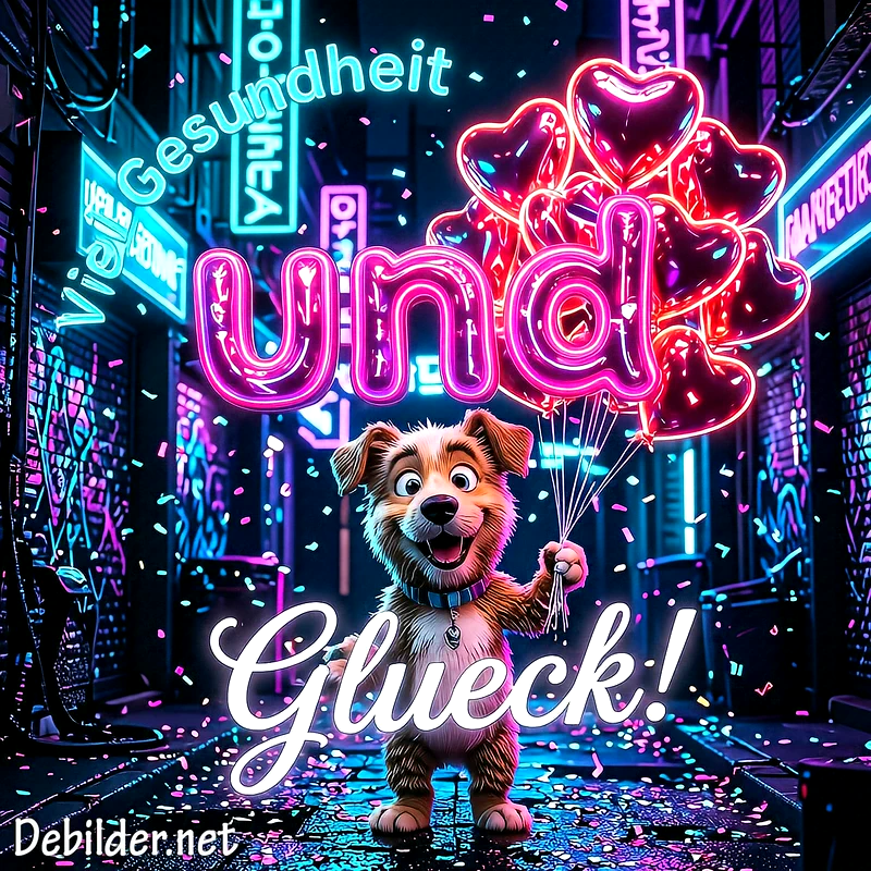Ein fröhlicher Cartoon-Hund hält einen Strauß glänzender Herzballons in einer lebhaften Neonszene. Buntes Konfetti schwebt durch die Luft, umgeben von leuchtenden Schriftzügen in Pink und Türkis, die Gesundheit und Glück wünschen.