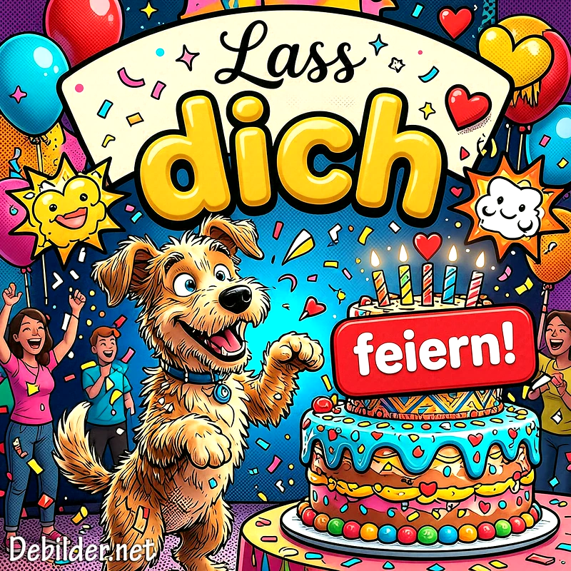 Süßer Geburtstagsgruß: Lass dich feiern! Mit Hund, Torte & Konfetti