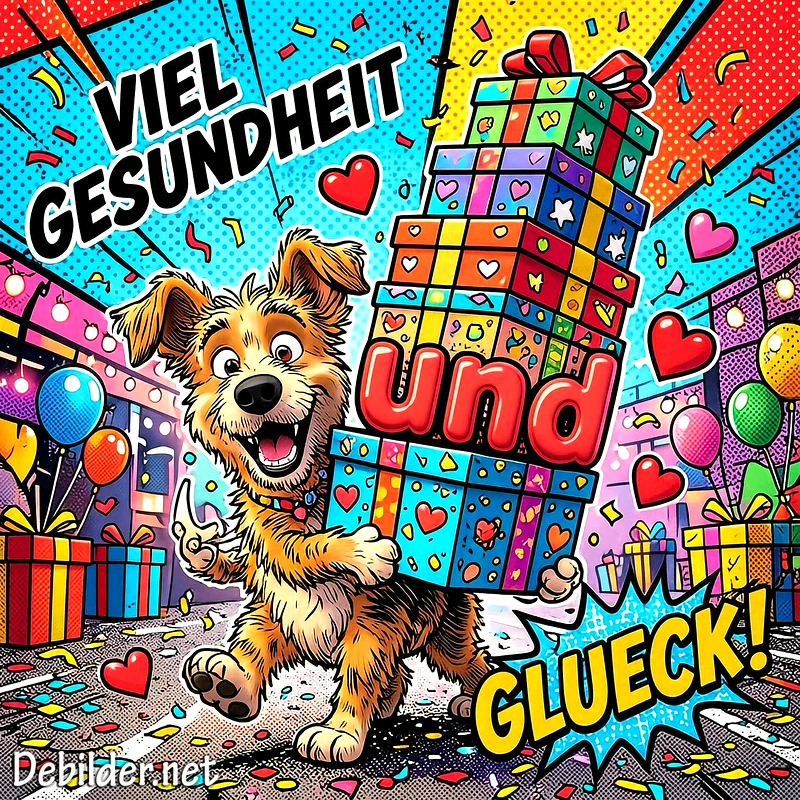 Fröhlicher brauner Hund in Comic-Stil schleppt einen riesigen Stapel bunter Geschenke durch Konfettiregen. Viele Herzen und Ballons schmücken die festliche Szene. Ein Bild voller guter Wünsche.