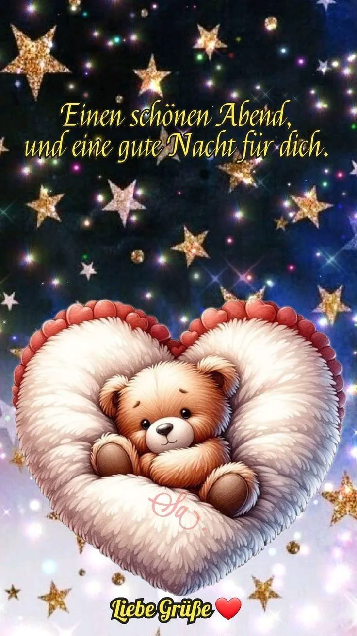 Niedlicher Teddybär kuschelt in einem Herz unter funkelnden Sternen. Ein Guten-Abend-Grußbild mit Wünschen für eine gute Nacht und schöne Träume.