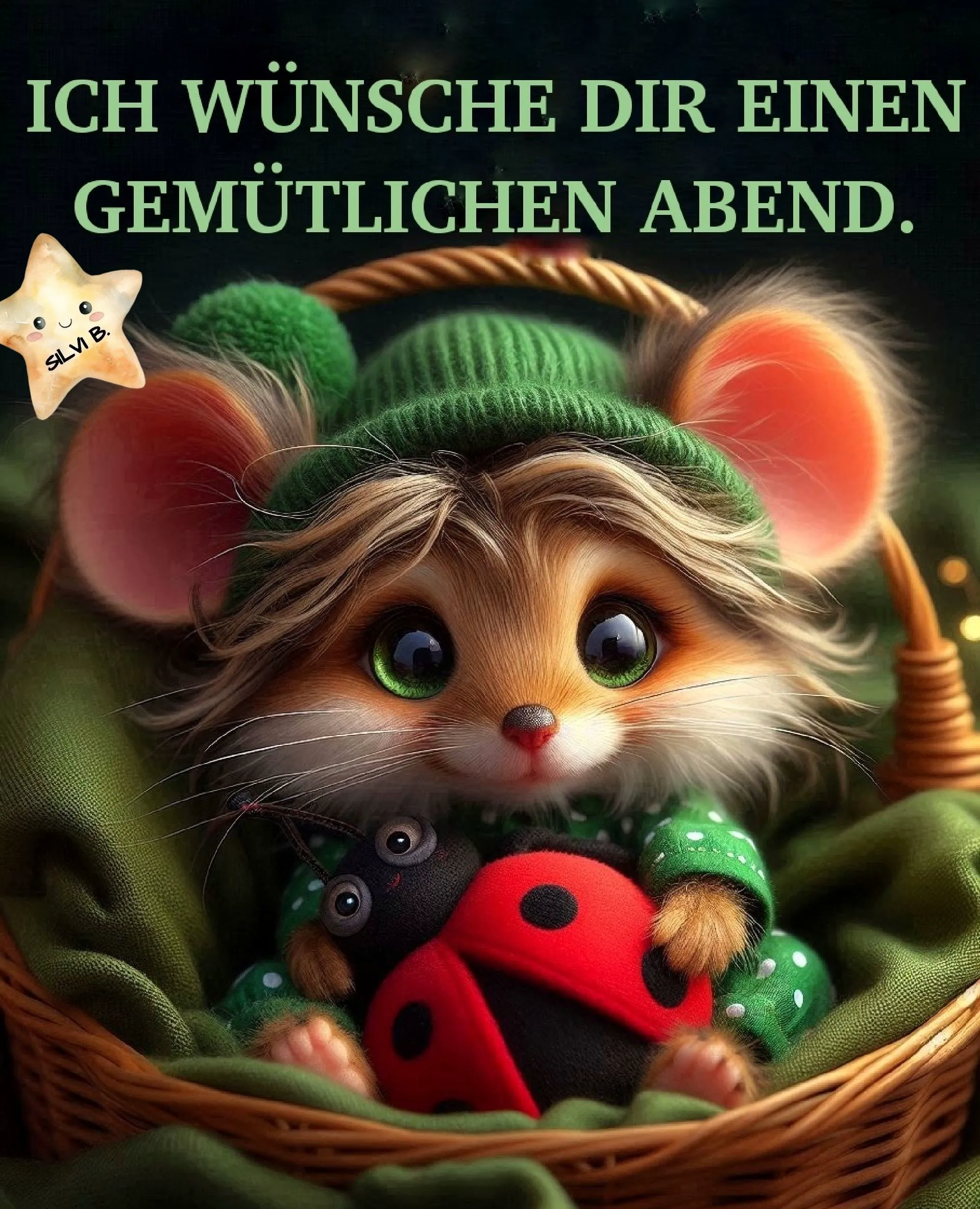 Niedliche Cartoon-Maus mit großer grüner Mütze und gepunktetem Pulli in einem Korb, kuschelt mit einem Marienkäfer und wünscht einen gemütlichen Abend.
