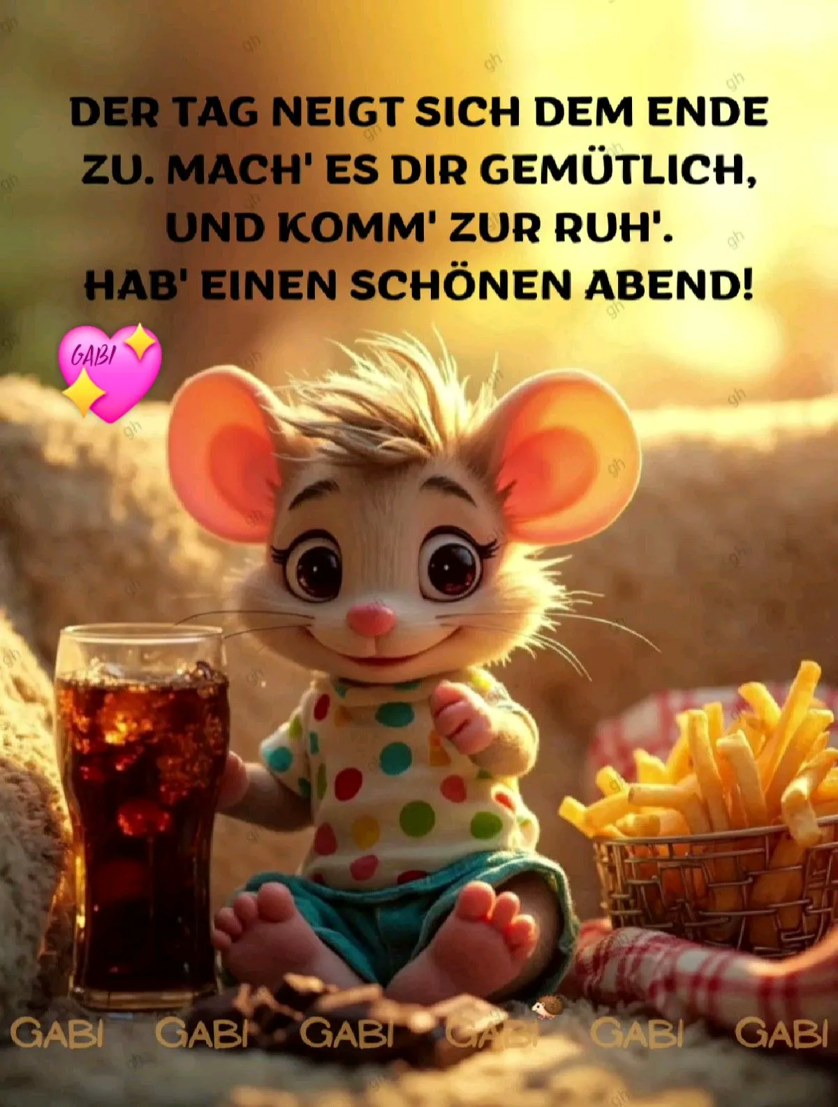 Niedliche Cartoon-Maus sitzt entspannt neben einem Glas Cola und Pommes, umgeben von warmem Licht. Sie sendet herzliche Guten-Abend-Wünsche.