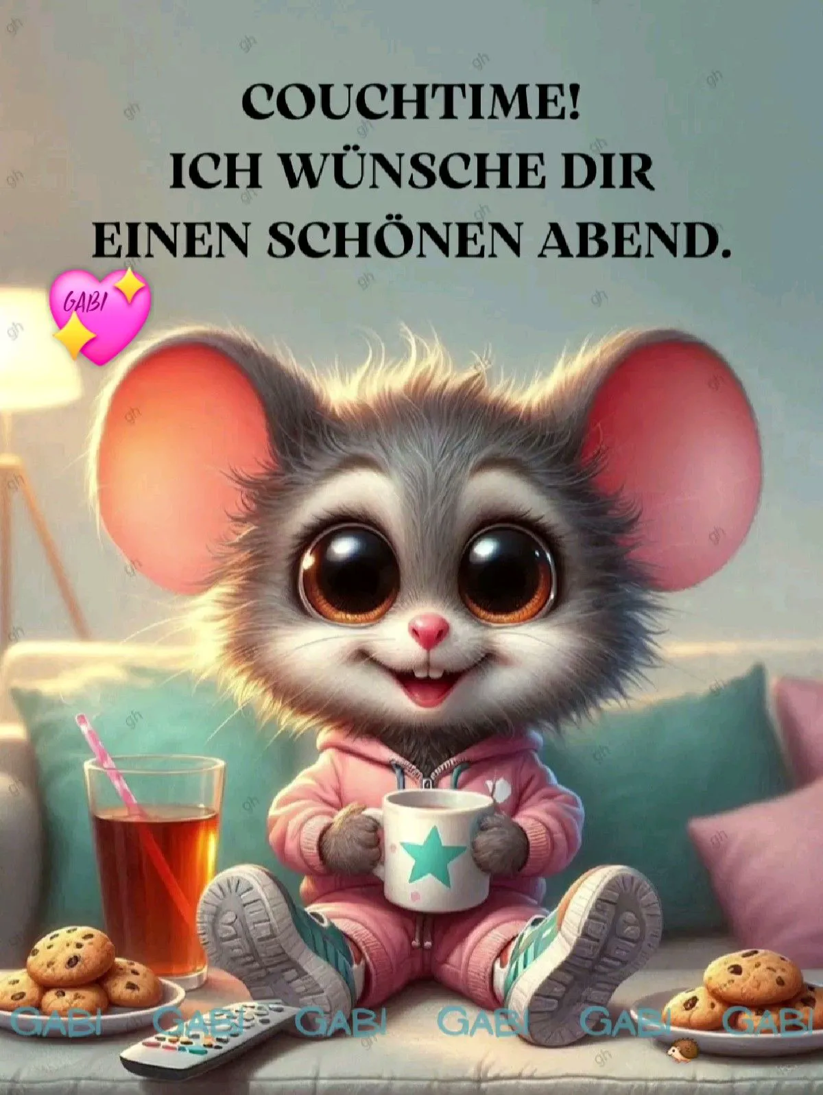 Niedliches Mäuschen im rosa Anzug auf dem Sofa, mit Tasse, Plätzchen und Getränk, bereit für gemütliche Couchtime. Ein herzlicher Guten-Abend-Gruß.
