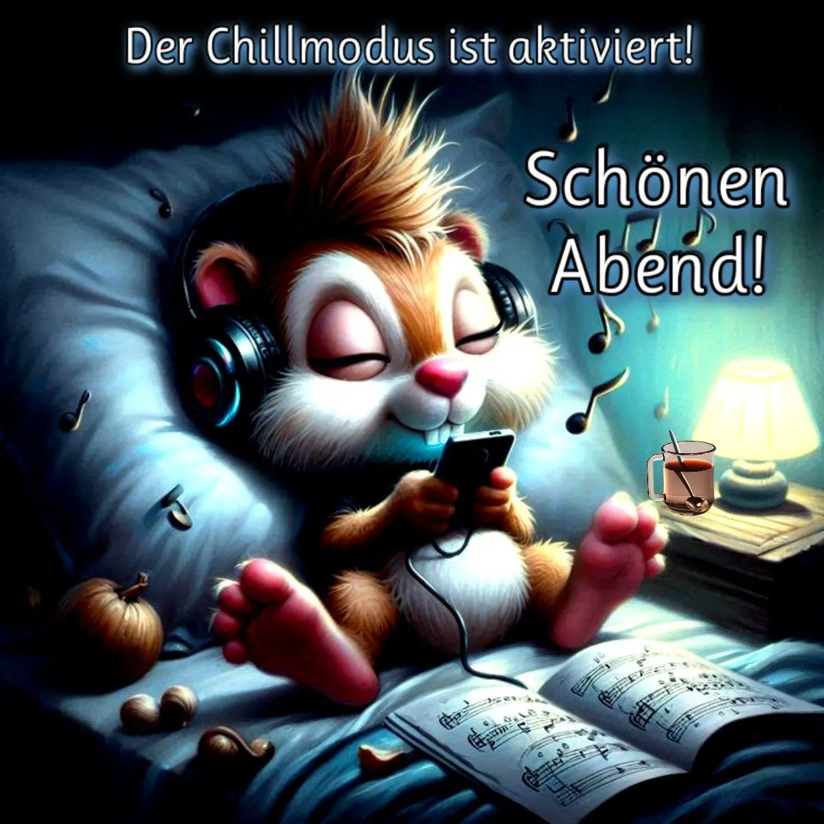 Ein niedliches, flauschiges Tier mit Kopfhörern liegt entspannt im Bett und schaut auf sein Smartphone. Daneben steht eine Tasse und ein Notenbuch. Es ist Abendzeit.