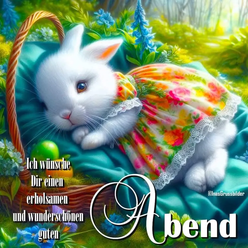 Süßes weißes Häschen im Blumenkleid liegt entspannt in einem Korb. Der digitale Grußtext wünscht einen erholsamen und wunderschönen guten Abend.