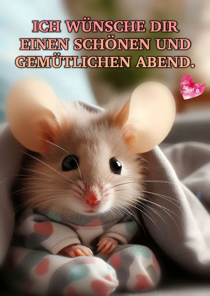 Ein entzückendes Mäuschen mit großen Ohren, in einem gepunkteten Pyjama, lugt gemütlich unter einer grauen Decke hervor. Es überbringt herzliche Abendgrüße.