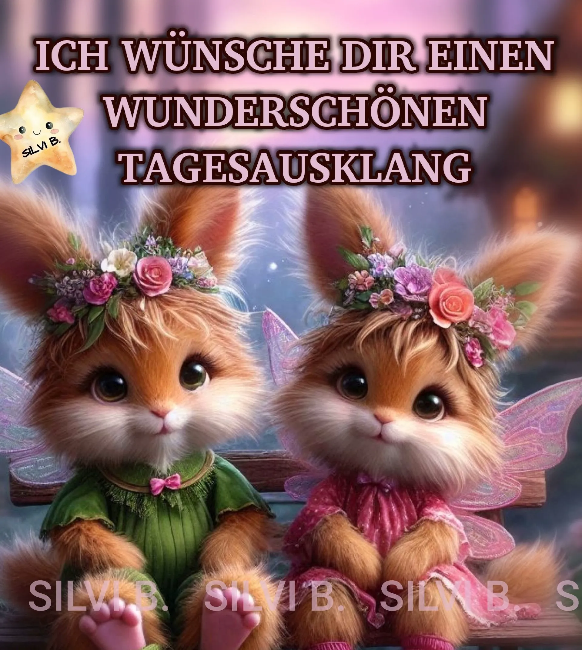 Zwei Cartoon Kaninchen mit Blumenkränzen auf dem Kopf und Schmetterlingsflügeln, vor einem Fenster sitzend