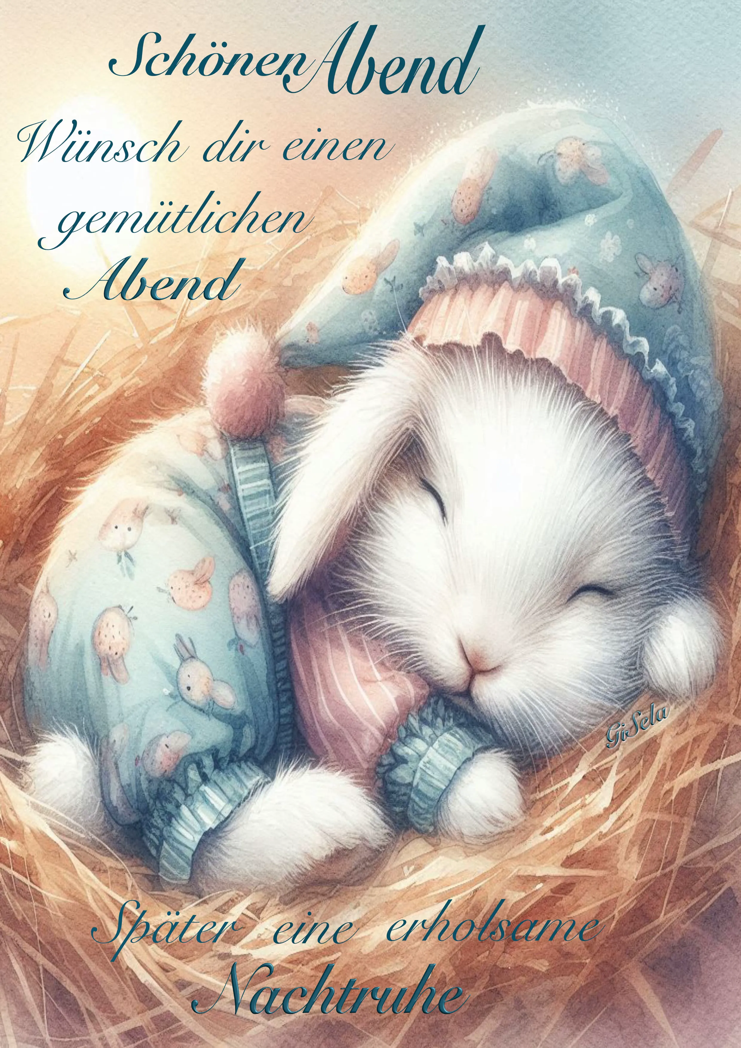 Ein niedliches weißes Kaninchen im Nest, bekleidet mit einer Mütze und einem Schlafanzug, schläft friedlich.