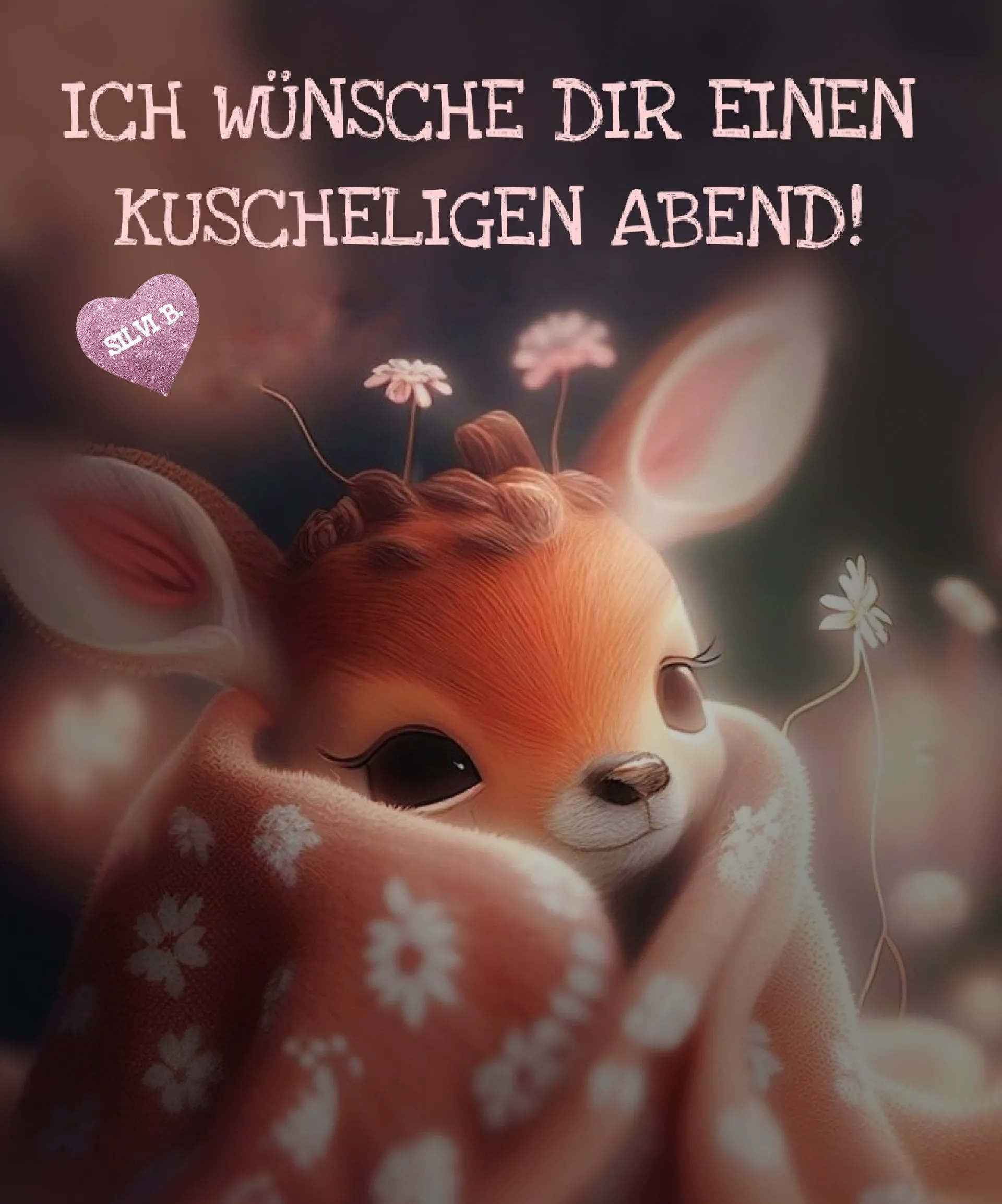Ein niedliches Reh mit Blumen im Haar und einem rosa Mantel, umgeben von einer romantischen Atmosphäre.