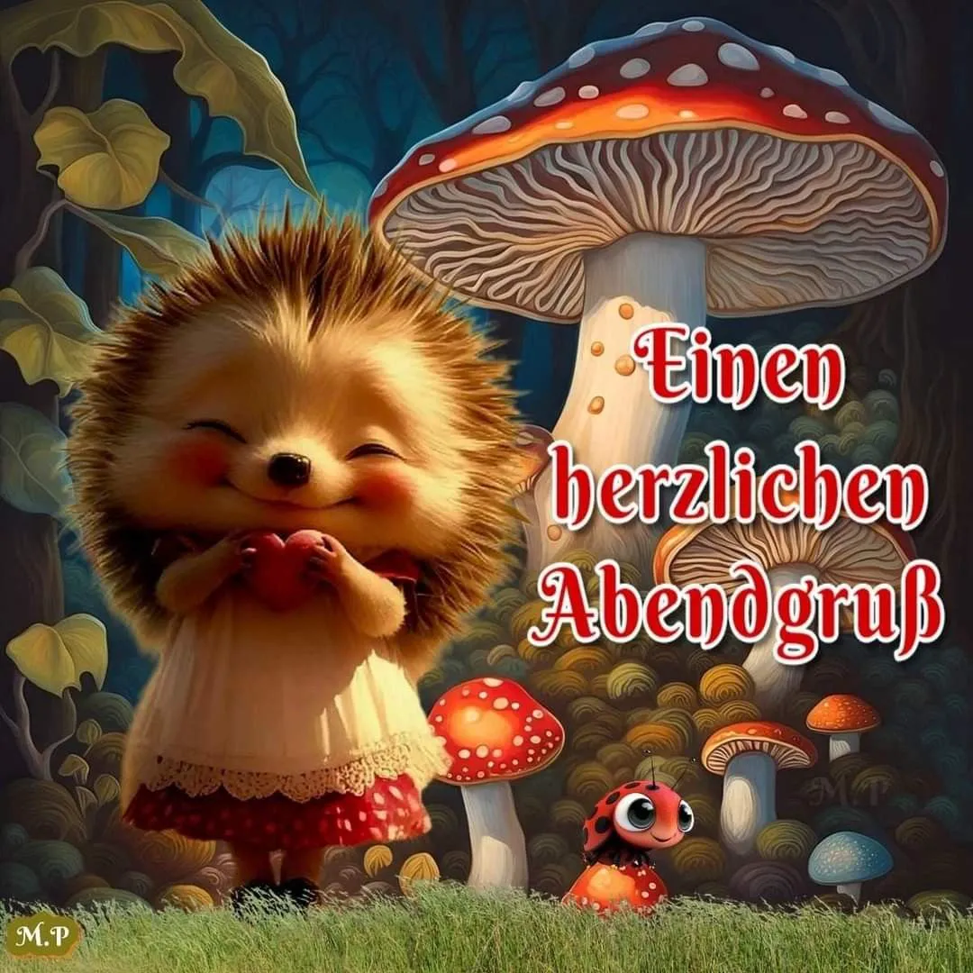 Ein knuddeliger Igel mit einem roten Herz in den Händen wünscht einen herzlichen Abendgruß, umgeben von Pilzen und einem Marienkäfer in einem magischen Wald.