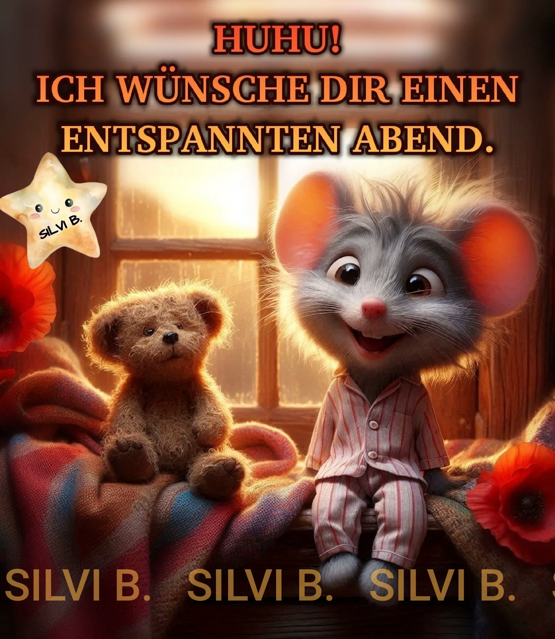Ein süßes Cartoon-Mäuschen im Schlafanzug sitzt mit einem Teddybären am Fenster in warmem Abendlicht. Der Text wünscht einen entspannten Abend.
