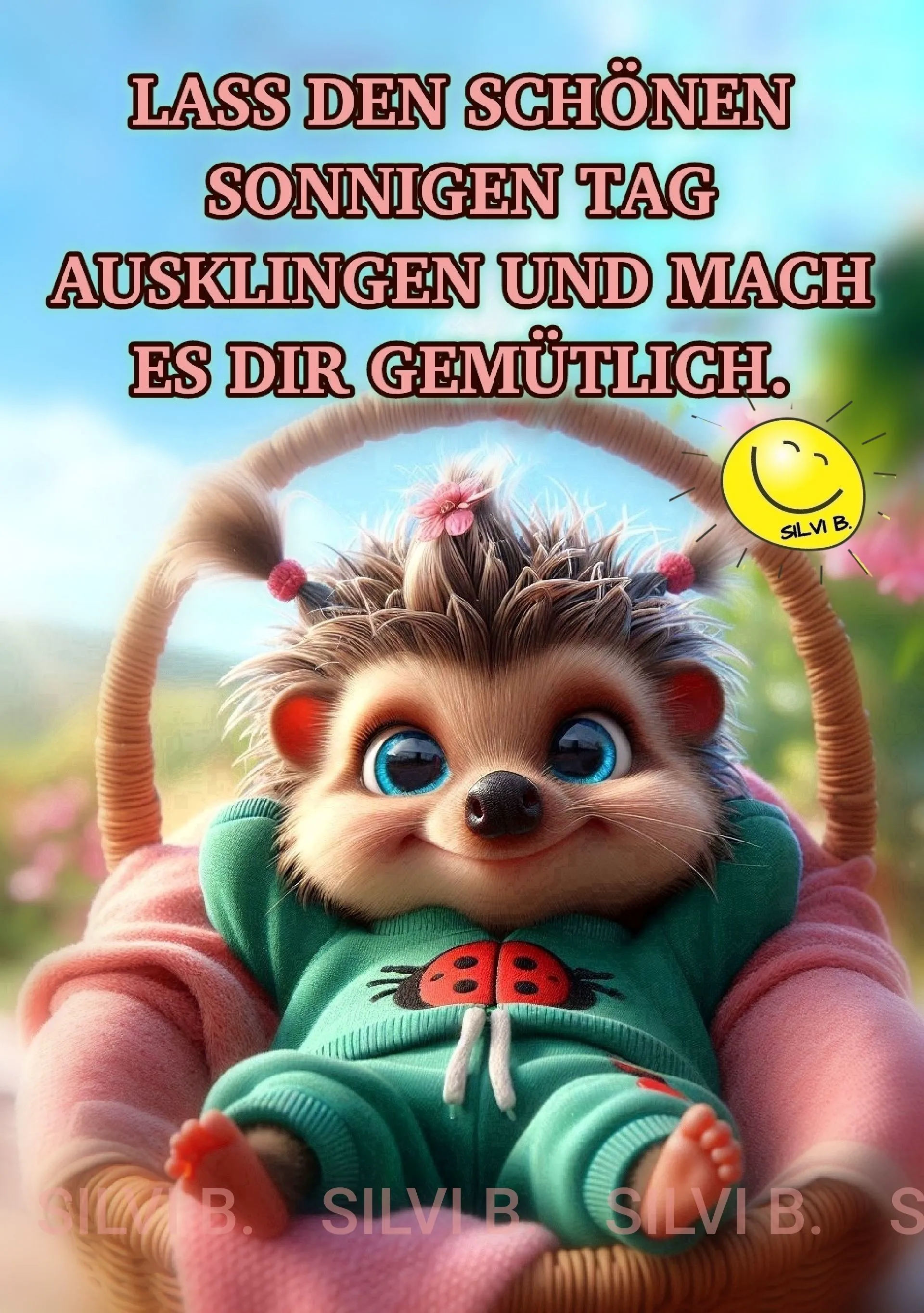Ein süßer Igel-Cartoon mit blauen Augen, im Korb auf pinker Decke, trägt grünen Marienkäfer-Strampler. Eine Aufforderung zum gemütlichen Abend.