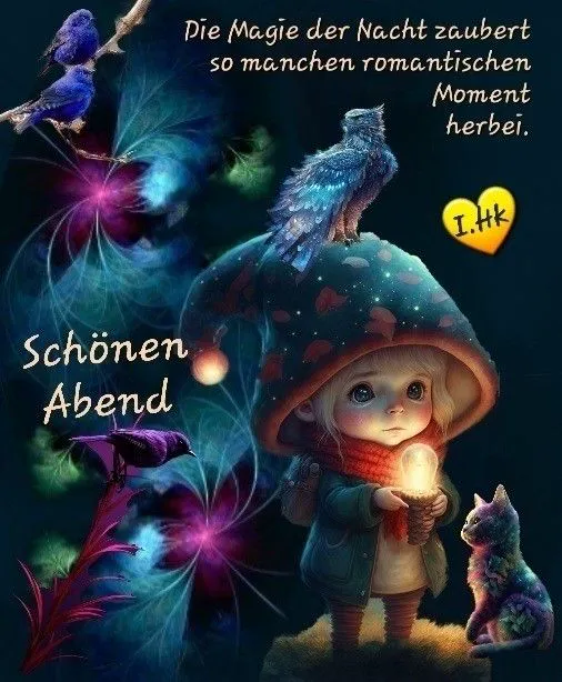 Ein Cartoon-Mädchen unter einem Pilz mit einem Vogel und einem Kater, umgeben von farbenfrohen Federn und Lichtern