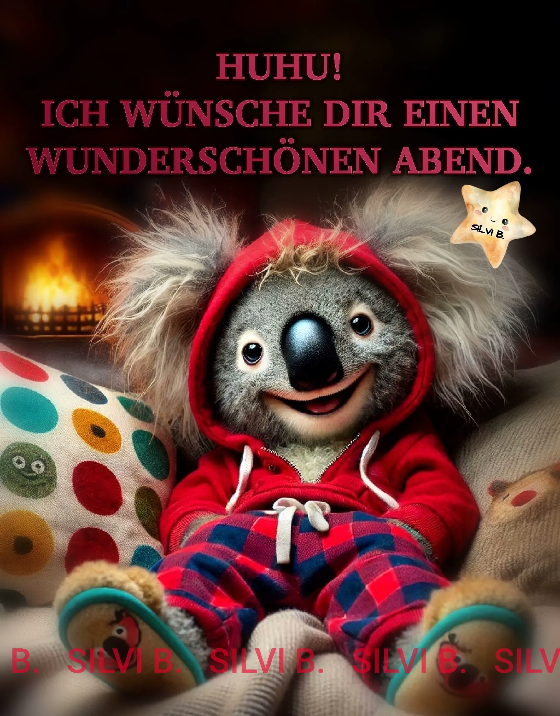 Ein süßer Koala in rotem Hoodie und karierter Hose sitzt gemütlich vor einem knisternden Kaminfeuer. Er wünscht lächelnd einen wunderschönen Abend, ideal zum Teilen.