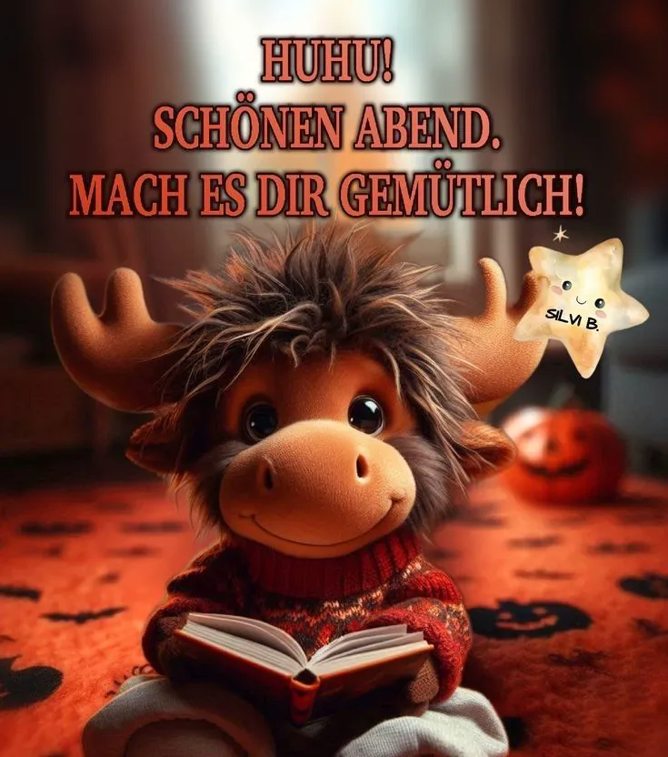 Ein niedliches, gemütliches Bild mit einem hornigen Tier, das ein Buch liest und einen Pullover trägt, im Hintergrund ein Halloween-Themenraum.