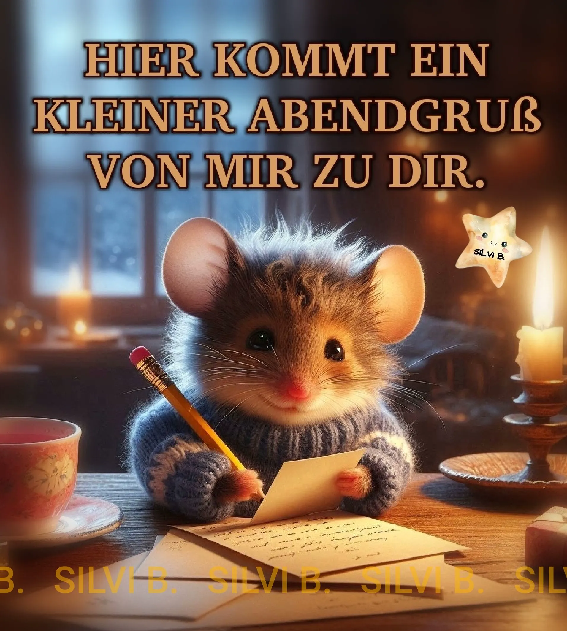 Ein süßes flauschiges Mäuschen im blauen Pullover schreibt einen Brief an einem gemütlichen Schreibtisch bei Kerzenschein. Es sendet einen herzlichen Abendgruß in winterlicher Atmosphäre.