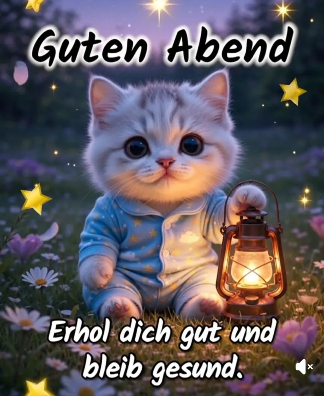 Ein niedliches Kätzchen in einem blauen Schlafanzug hält eine Laterne in einem Feld mit Blumen