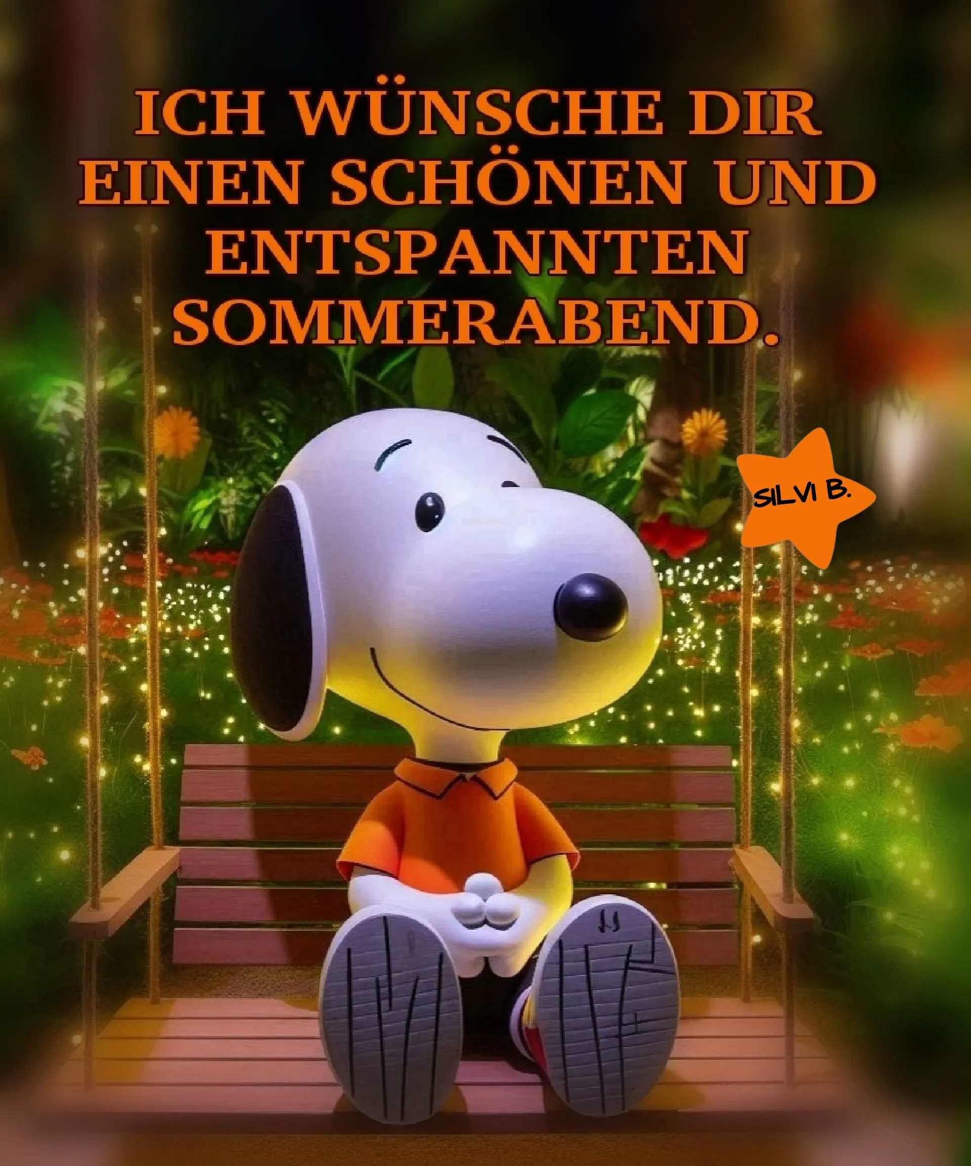 Ein süßes Bild von Snoopy, der in einem magischen, leuchtenden Garten auf einer Holzschaukel sitzt und einen schönen Sommerabend wünscht.