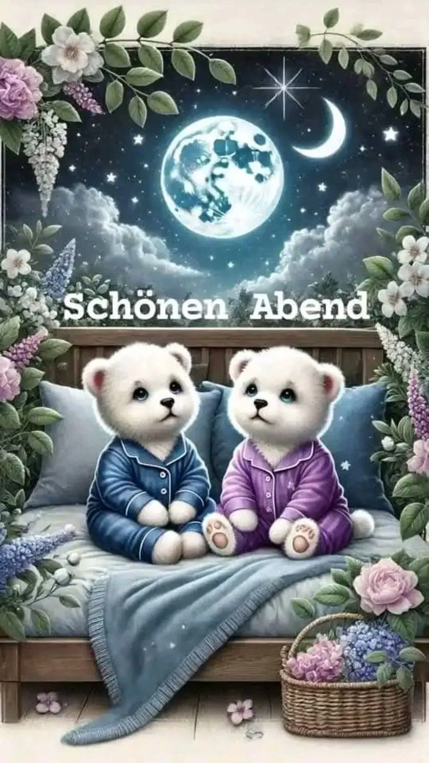 Ein Bild mit zwei weißen Bären auf einem Bett unter einem sternenklaren Himmel mit Vollmond, umgeben von Blumen.