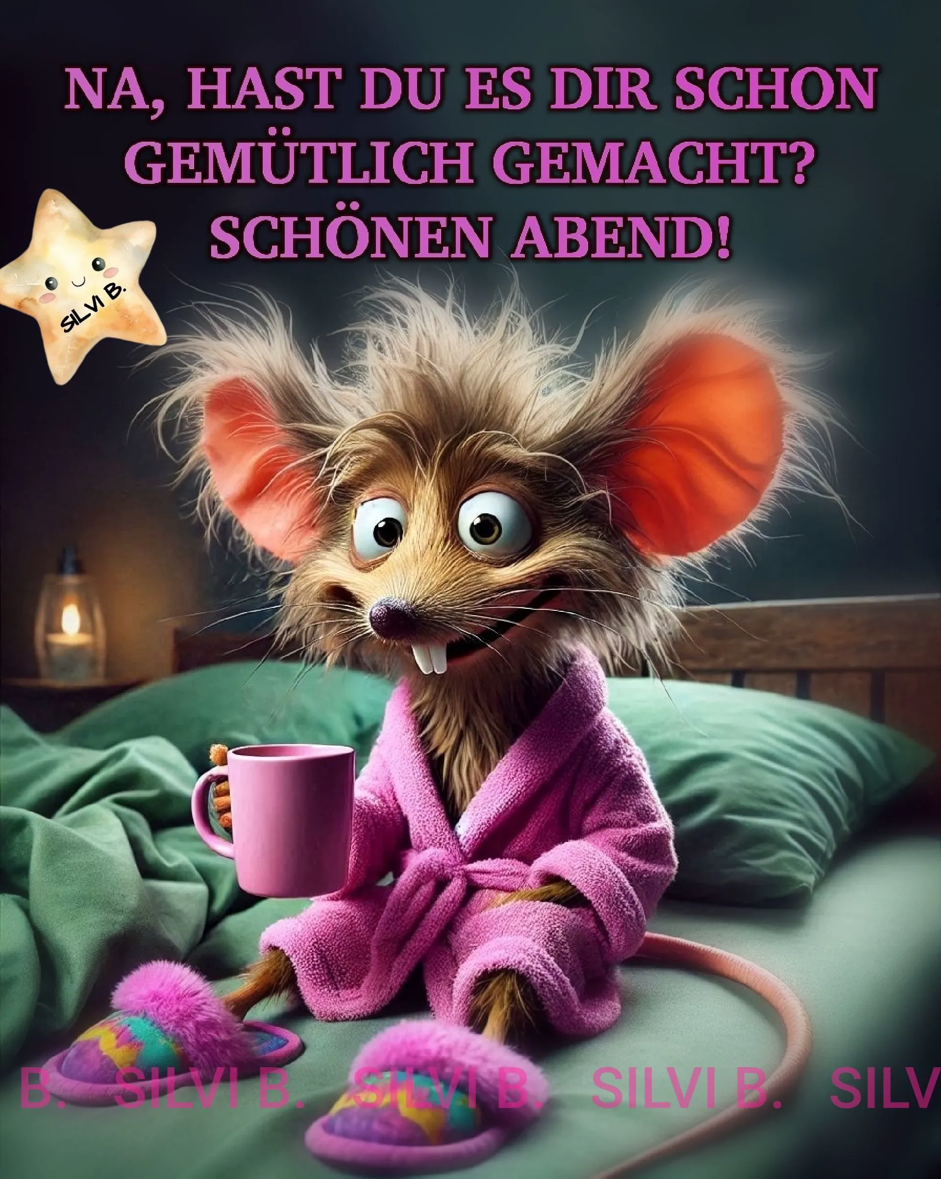 Ein Cartoon-Maus in rosa Bademantel und Hausschuhen sitzt auf einem Bett, hält eine Tasse in der Hand und wünscht einen schönen Abend.