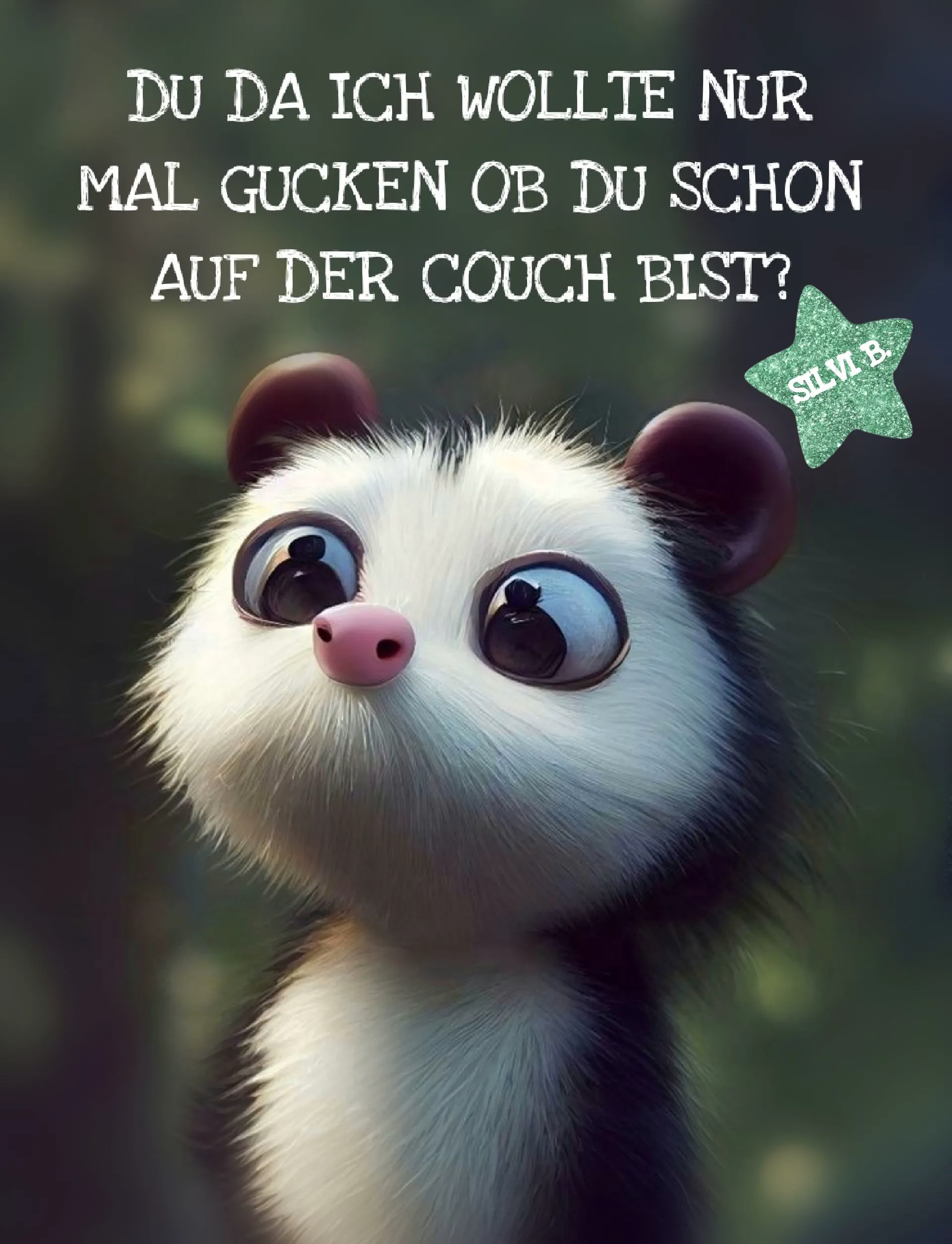 Niedliches Cartoon-Tierchen mit großen Kulleraugen und rosa Nase schaut fragend nach oben, um zu sehen, ob jemand schon auf der Couch liegt. Ein süßer Guten-Abend-Gruß.
