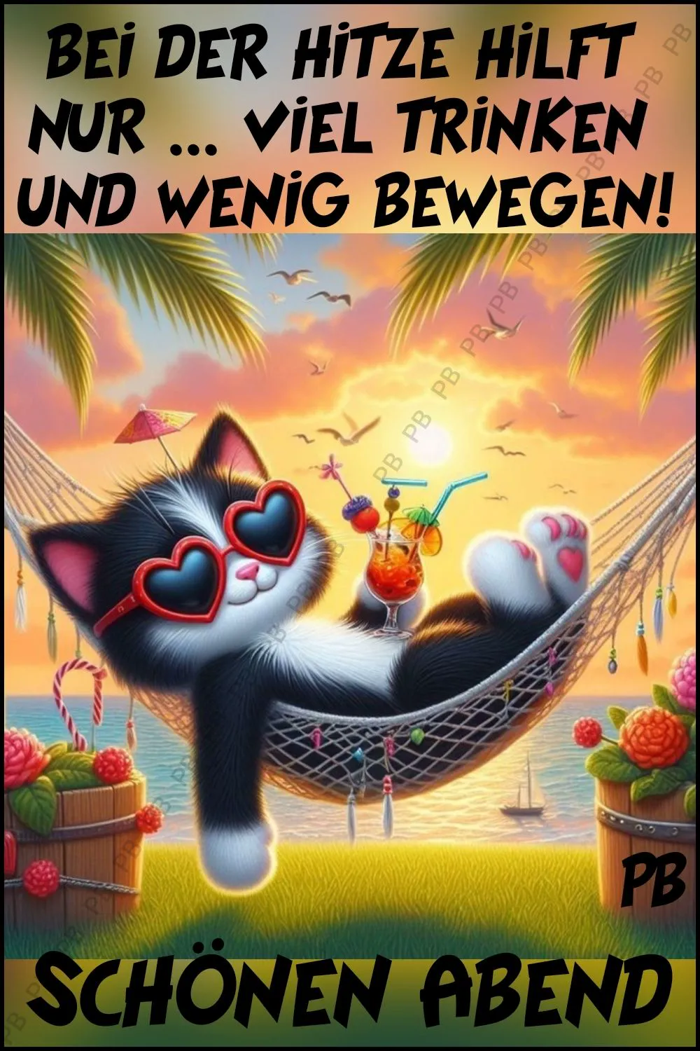 Niedliche Cartoon Katze mit Herz-Sonnenbrille entspannt in Hängematte am Strand, trinkt Cocktail. Palmen und Sonnenuntergang. Text: Schönen Abend.