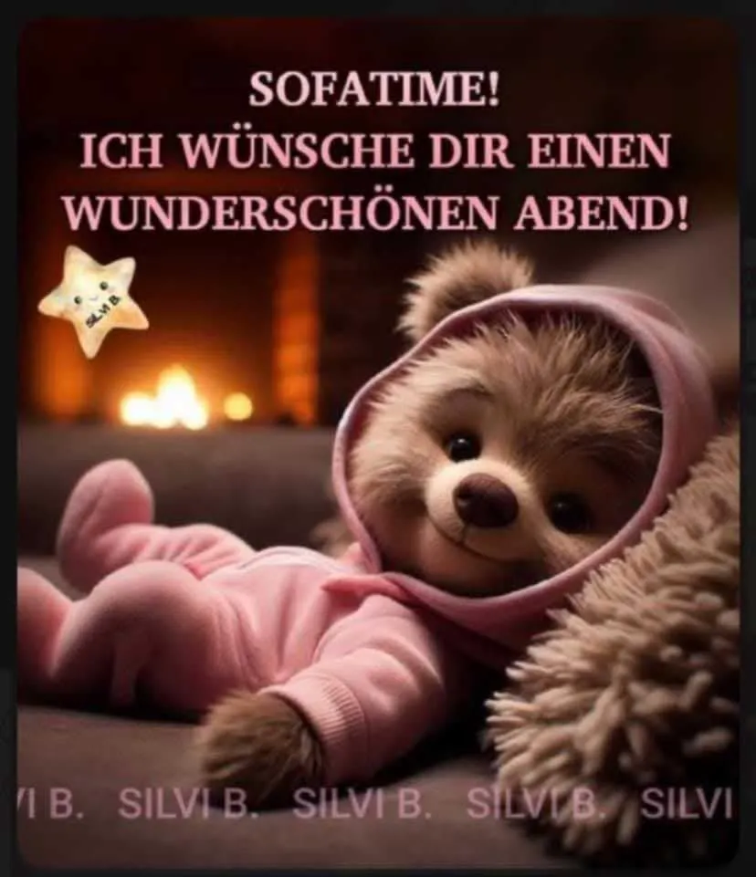 Süßer Teddybär in rosa Strampler liegt entspannt auf einem Sofa vor einem Kaminfeuer. Ein leuchtender Stern schwebt daneben. Gemütliches Guten-Abend-Grußbild für schöne Abendwünsche.