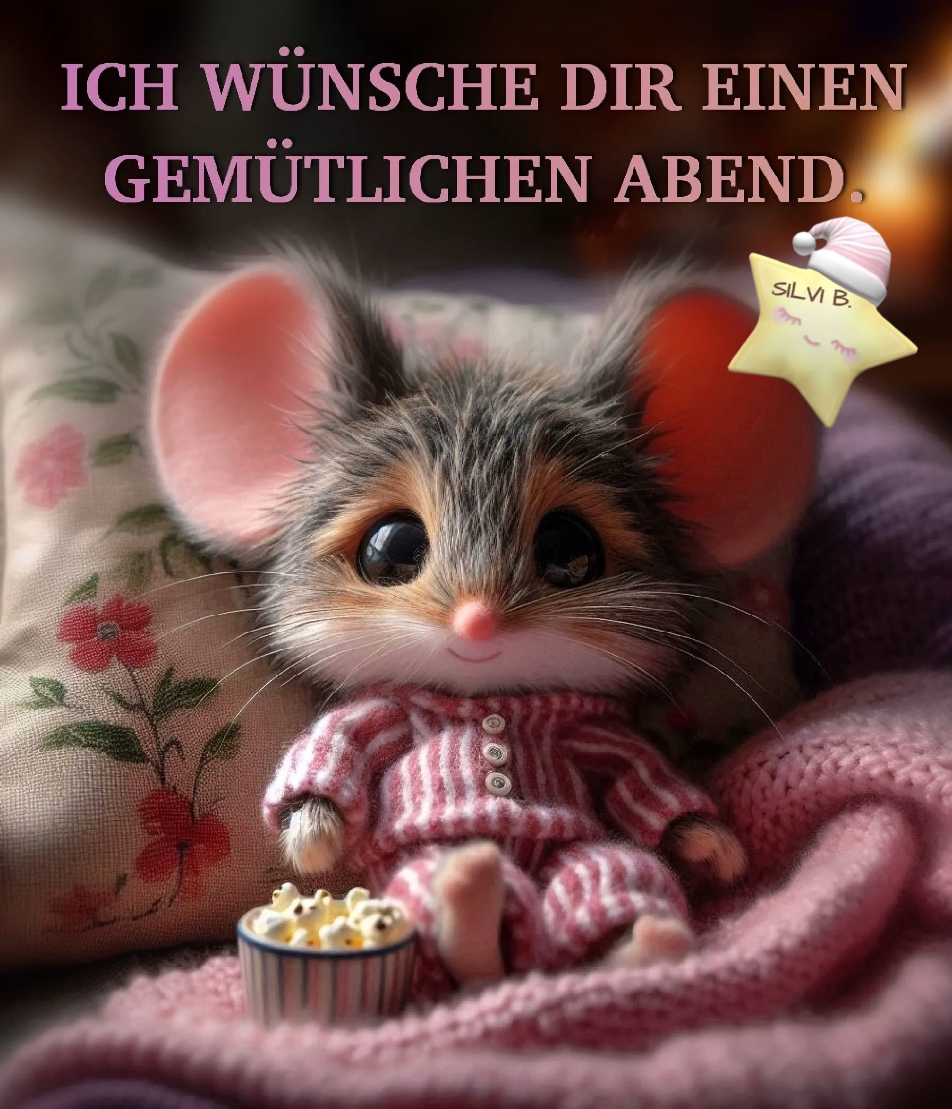 Ein niedliches Mäuschen im rosa Schlafanzug sitzt gemütlich unter einer Strickdecke mit Popcorn. Süßes Guten-Abend-Grußbild mit Wünschen für einen entspannten Abend.
