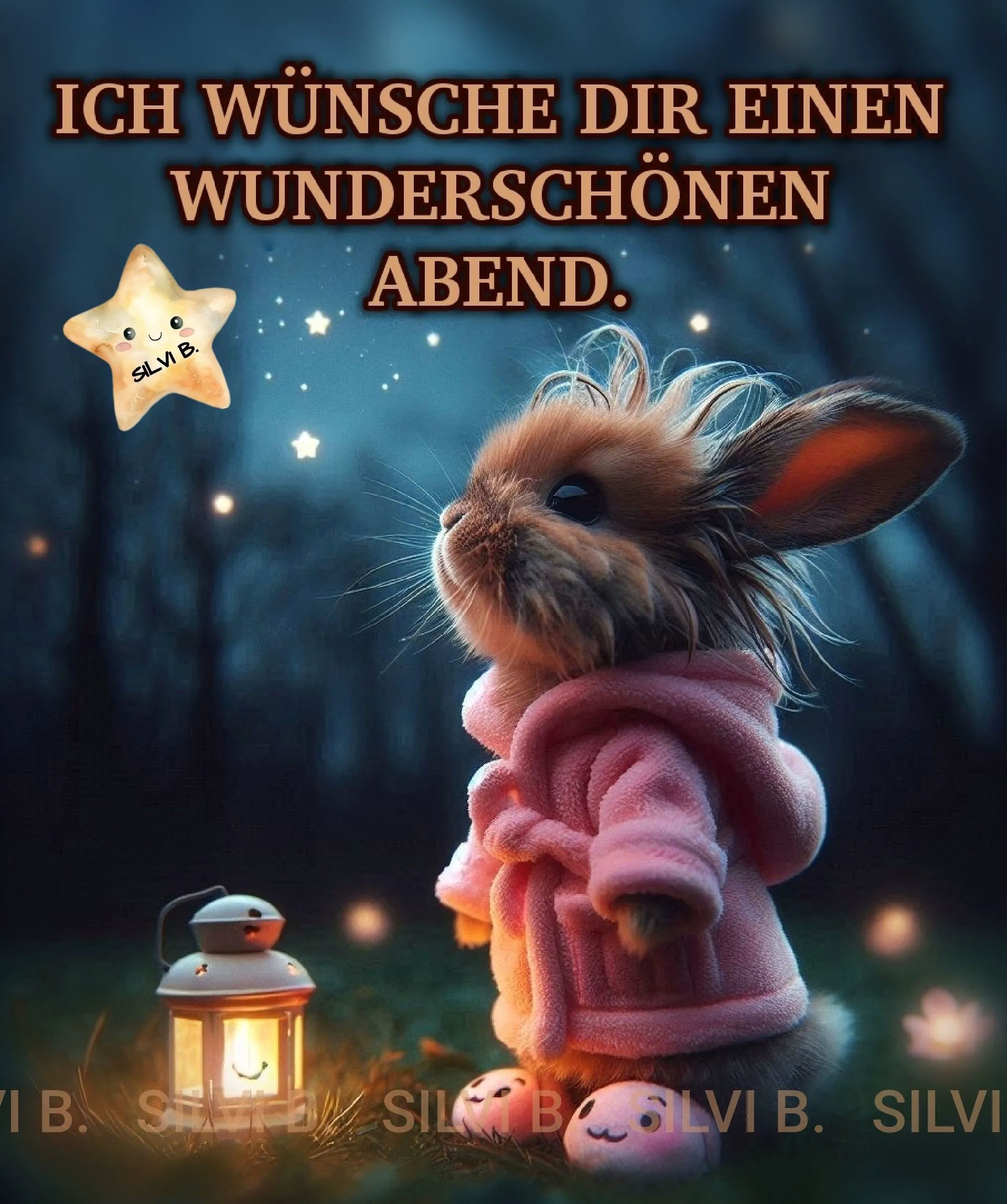 Ein niedlicher Hase im rosa Bademantel sitzt im dunklen Wald. Eine Laterne und leuchtende Sterne schmücken die Szene. Text: "Ich wünsche dir einen wunderschönen Abend."